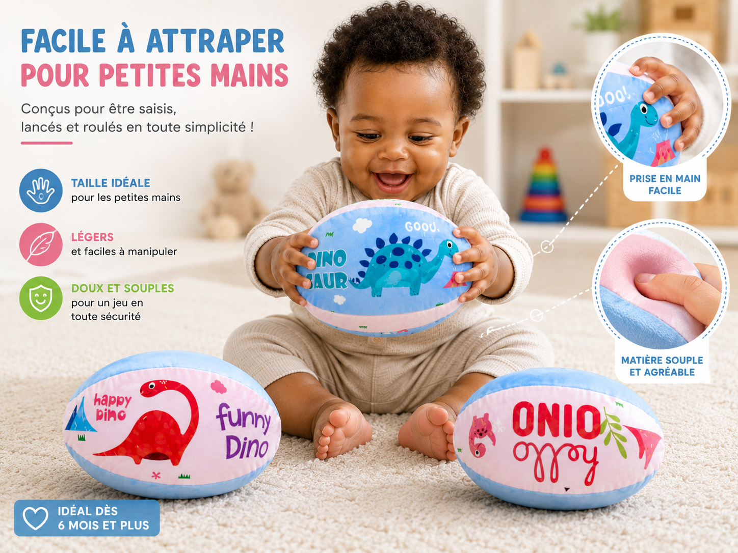 Lot de 3 Ballons Souples Dinosaure pour Bébé et Enfant – Jeu Sensoriel et Motricité