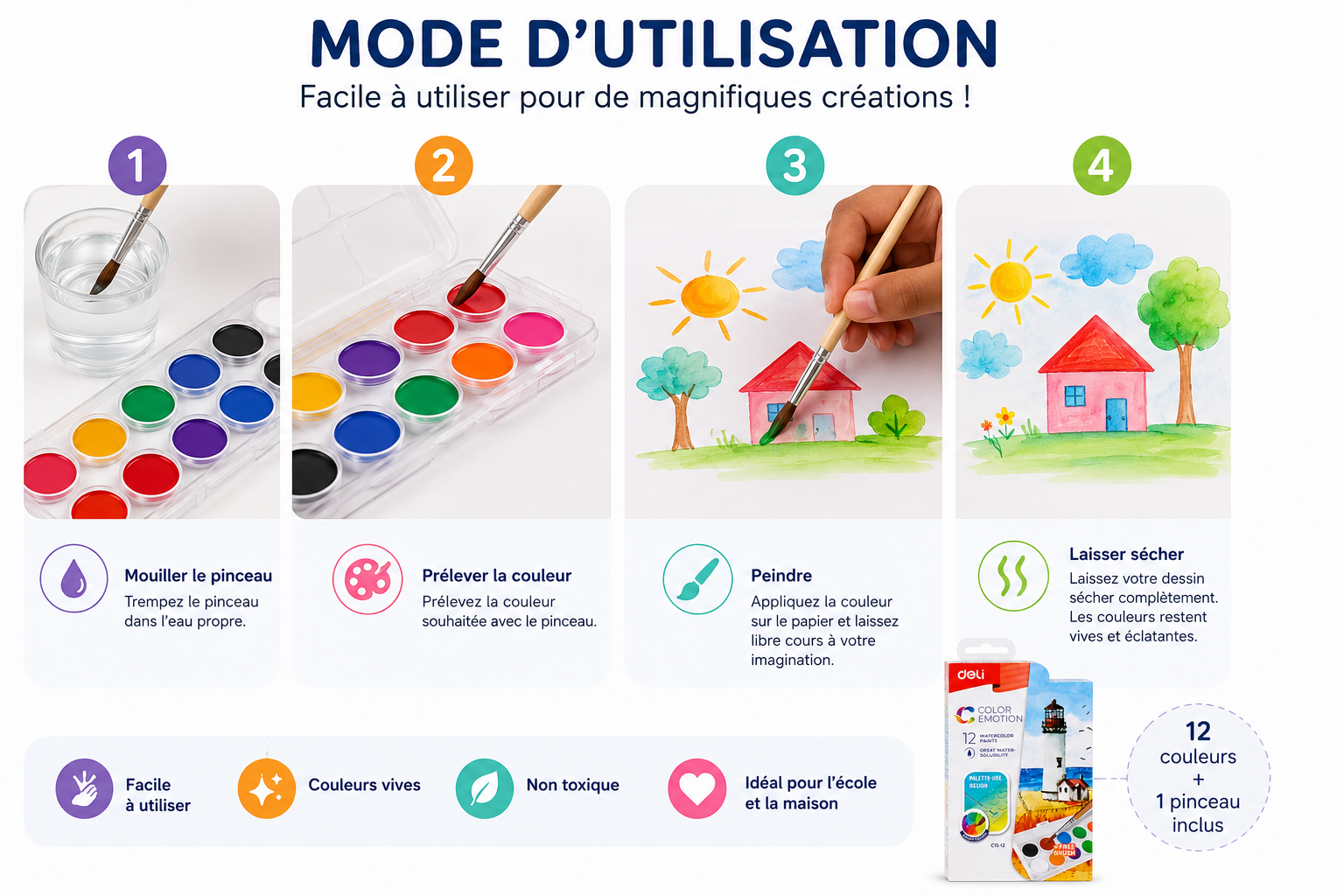 Deli Color Emotion Peinture Aquarelle  12 Couleurs avec Pinceau – Palette Créative Enfant