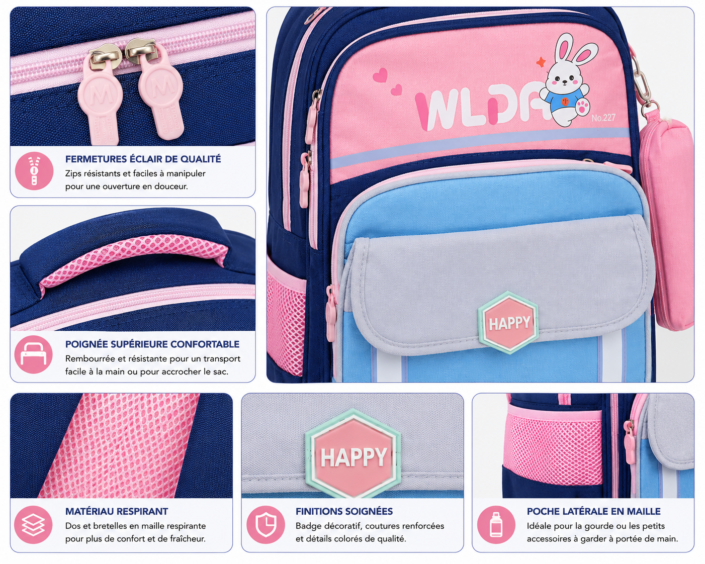 Sac à Dos Scolaire Enfant Lapin WLDA – Classes de CE & CM - Grande Capacité 41 × 30 × 16 cm – Bleu, Rose & Gris
