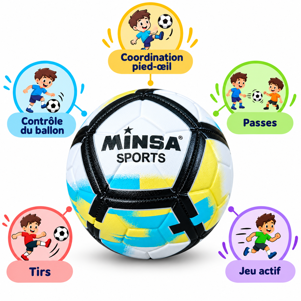 Ballon de Football Junior 6-9 ans MINSA SPORTS – 18 cm – Blanc, Noir, Jaune & Bleu