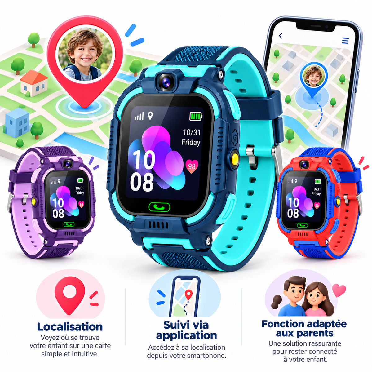 Montre Connectée Enfant Smart2030 C002 – Appels, GPS, Caméra & Lampe Torche