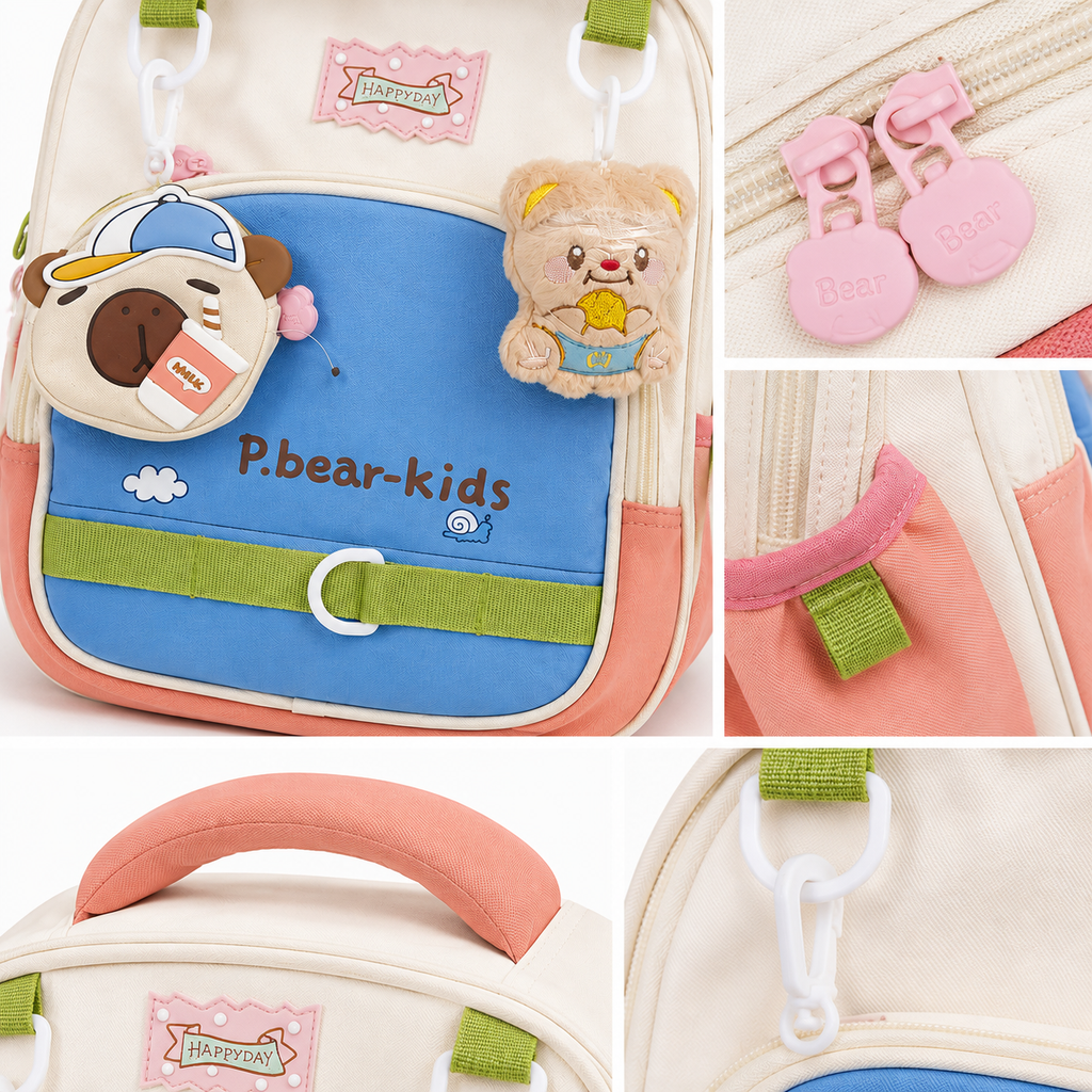 Sac à Dos Maternelle & CP P.Bear Kids Bleu, Rose & Vert – 38 × 28 × 15 cm – 2 à 5 Ans
