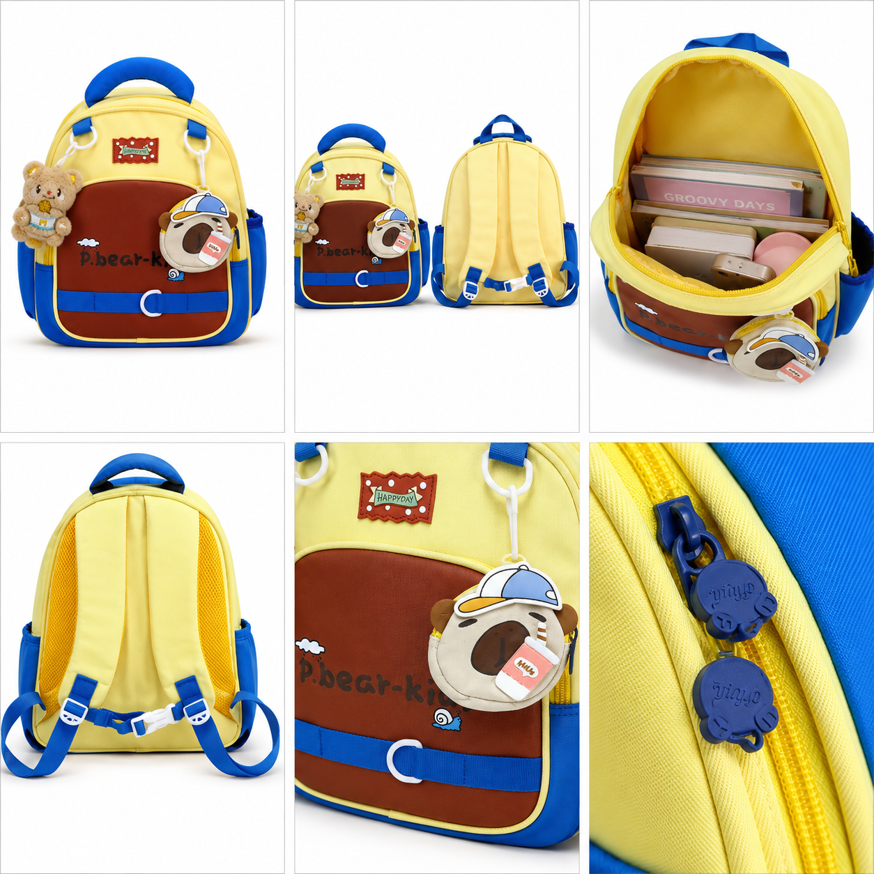 Sac à Dos Maternelle & CP P.Bear Kids Jaune, Bleu & Marron – 38 × 28 × 15 cm – 2 à 5 Ans