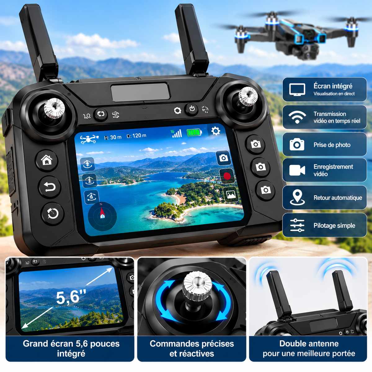 Drone A19 Pro Pliable – Caméra HD – Évitement d’Obstacles – Télécommande avec Écran