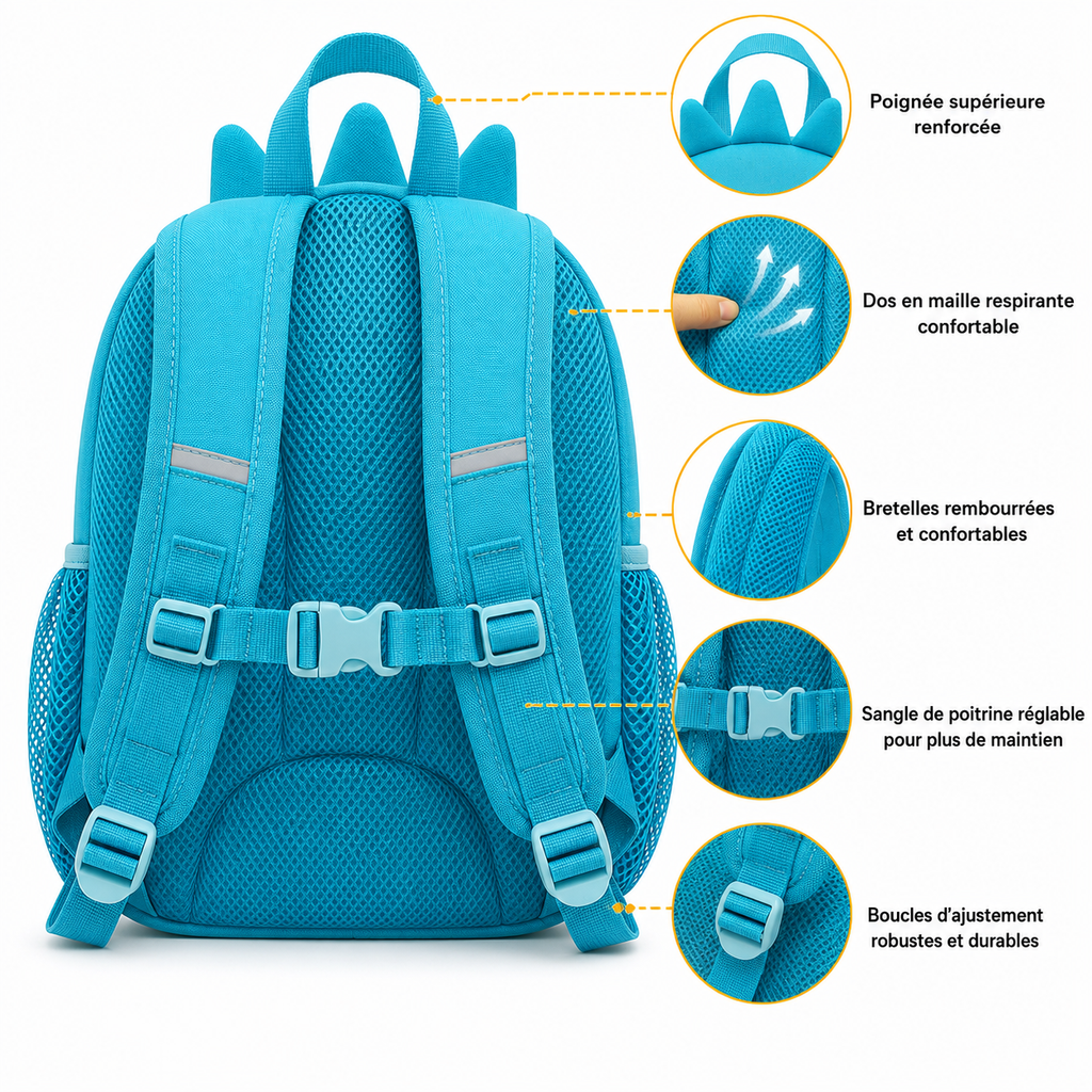 Sac à Dos Enfant Dinosaure Milai Duo - Bleu turquoise et Jaune – Maternelle – Compact, léger et mignon