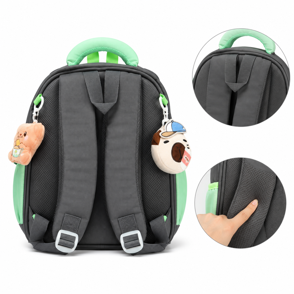 Sac à Dos Maternelle P.Bear Kids Gris, Beige et Vert – Enfant 2 à 5 Ans