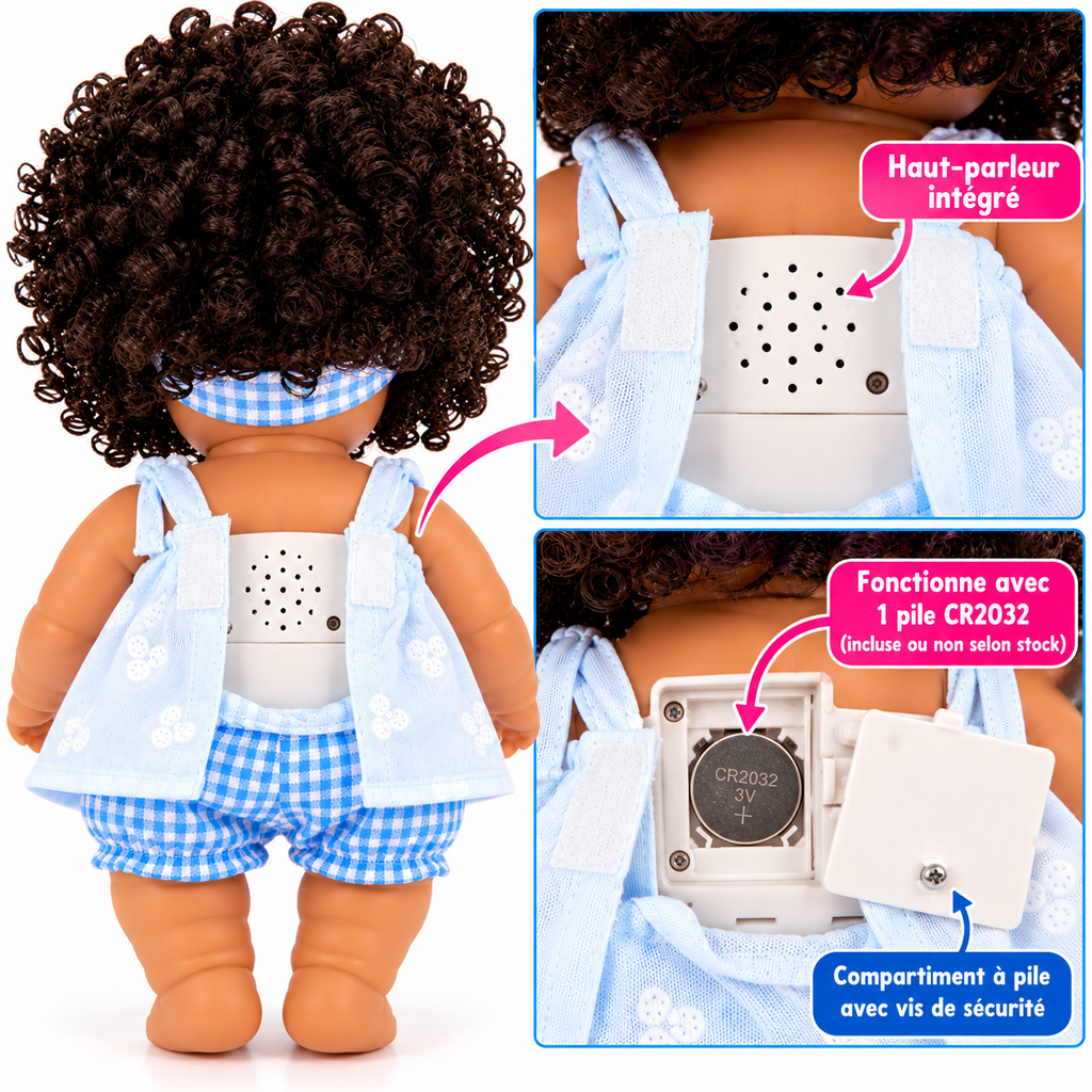 Poupée Bébé Fille Parlante 30 cm – Tenue Blanche & Bleu Clair