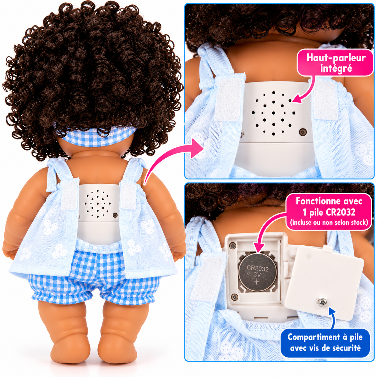 Poupée Bébé Fille Parlante 30 cm – Tenue Blanche & Bleu Clair