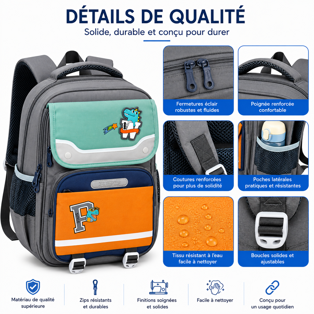 Sac à Dos Scolaire Enfant Dinosaure Classes de CM – Grande Capacité – Confort & Sécurité - Bleu