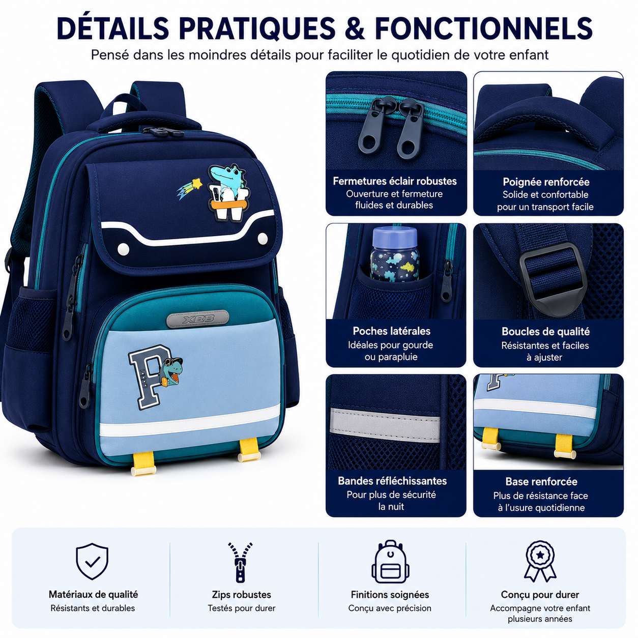 Sac à Dos Scolaire Enfant Dinosaure Bleu Classes de CM – Grande Capacité – Dos Respirant – Bretelles Rembourrées – Kidoo