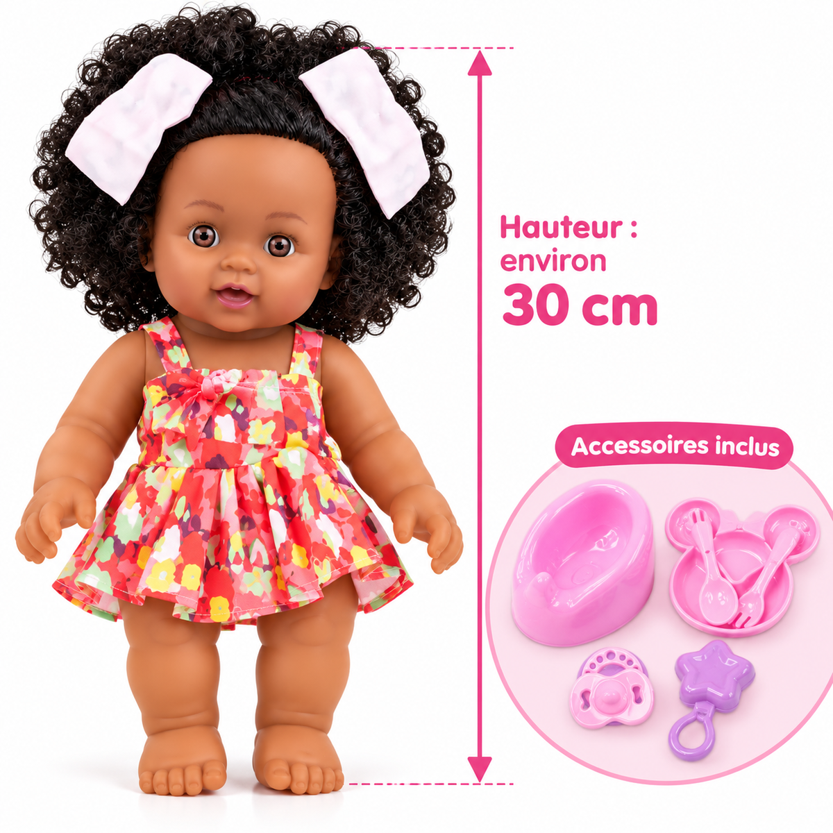 Poupée Bébé 30 cm avec Accessoires – Biberon, Repas & Soins – Rose