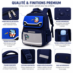 Sac à Dos Scolaire Enfant Dinosaure Bleu Marine & Bleu Royal - Classes de CM – Grande Capacité – Dos Respirant – Bretelles Rembourrées