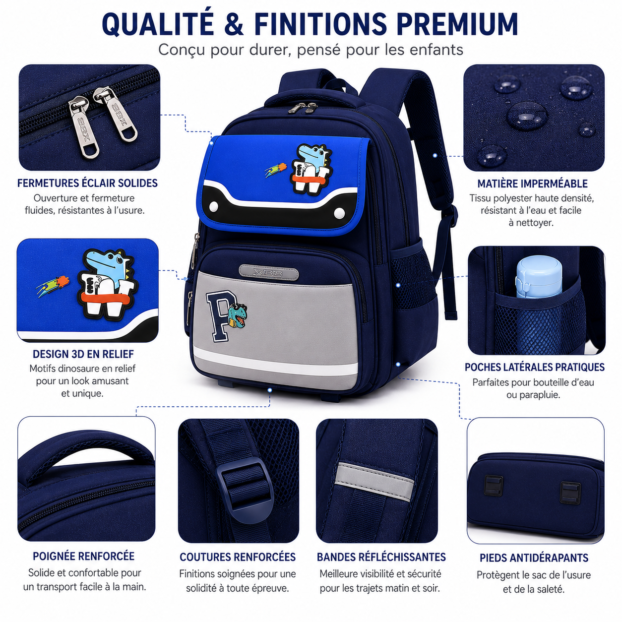 Sac à Dos Scolaire Enfant Dinosaure Bleu Marine & Bleu Royal - Classes de CM – Grande Capacité – Dos Respirant – Bretelles Rembourrées