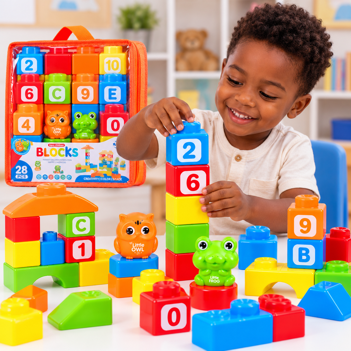 Sac de Blocs de Construction Enfant – 28 Pièces – Chiffres, Lettres & Figurines – 3 Ans+