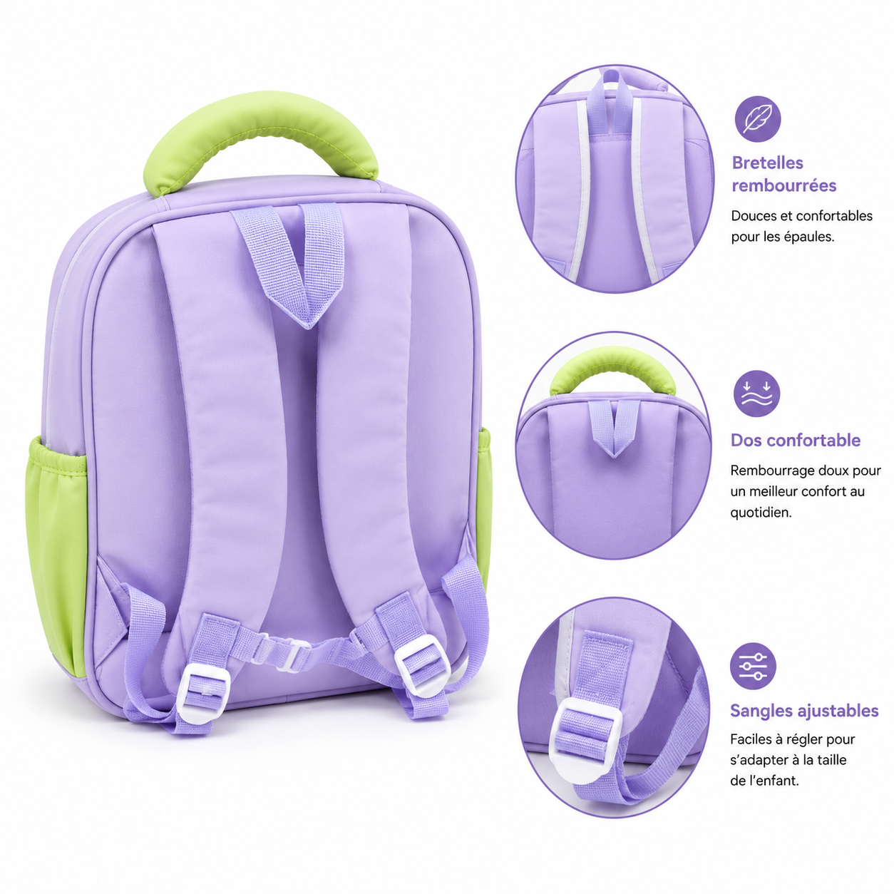 Sac à Dos Maternelle P.Bear Kids - Violet, Beige et Vert – 2 à 5 Ans