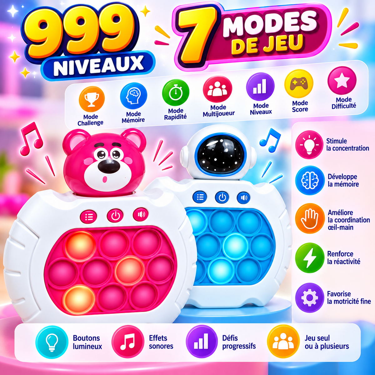 Console de Jeu Fast Push Pop It Électronique – 999 Niveaux – 7 Modes