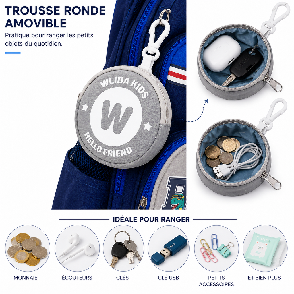 Sac à Dos Scolaire Enfant Wldkids Bleu - Classes de CE & CM – Grande Capacité avec Trousse Ronde Amovible