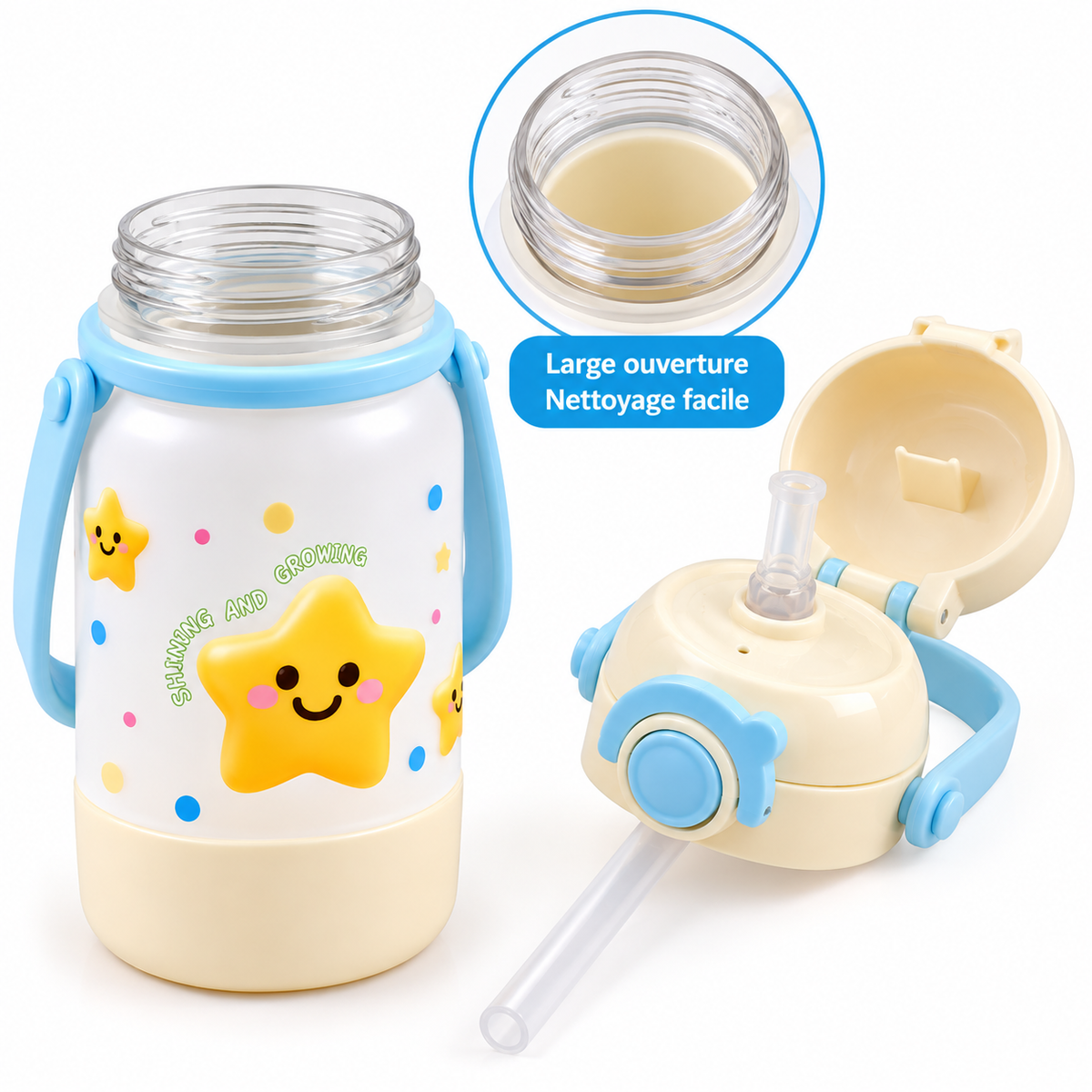 Gourde Enfant avec Paille, Poignée et Couvercle – Motif Étoile - 500 ml