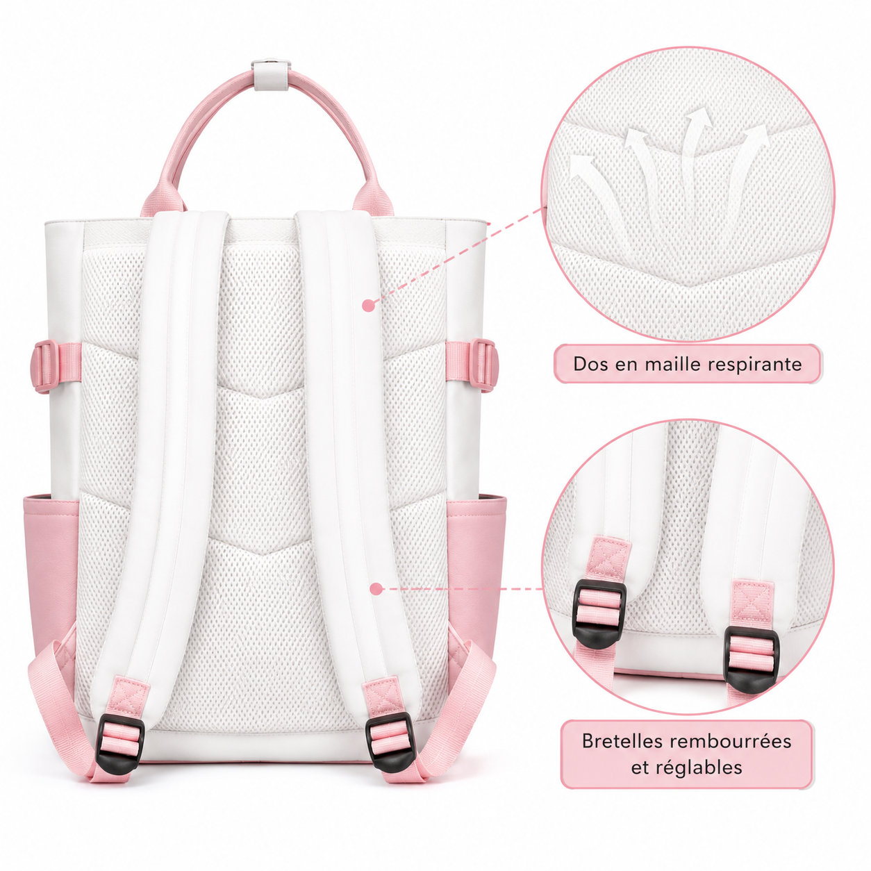 Sac à Dos Scolaire Fille Style Coréen en Toile - Rose et Blanc- Collège & Lycées