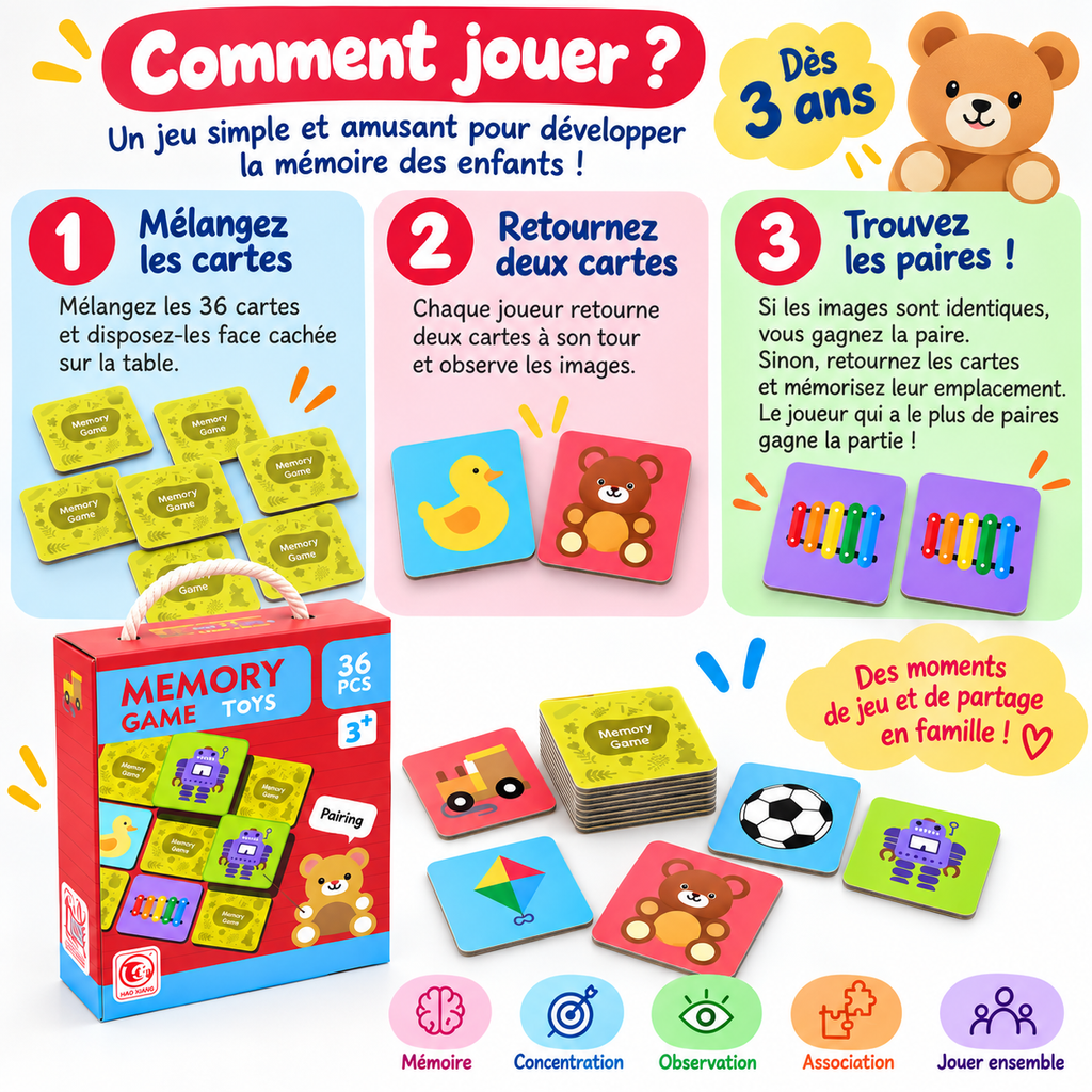 Jeu de Mémoire Enfant – 36 Cartes – Dès 3 Ans