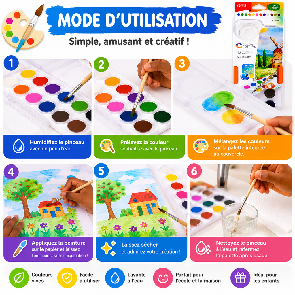 Deli Color Emotion C10-12 Peinture Aquarelle  12 Couleurs – Palette avec Pinceau