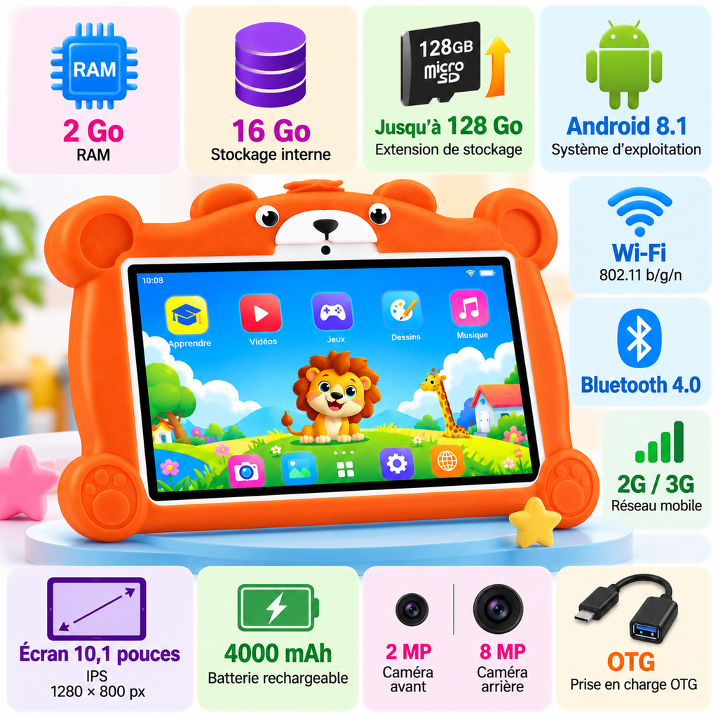 VIKUSHA Tablette Enfant  VK-17 10,1" Android avec Coque de Protection
