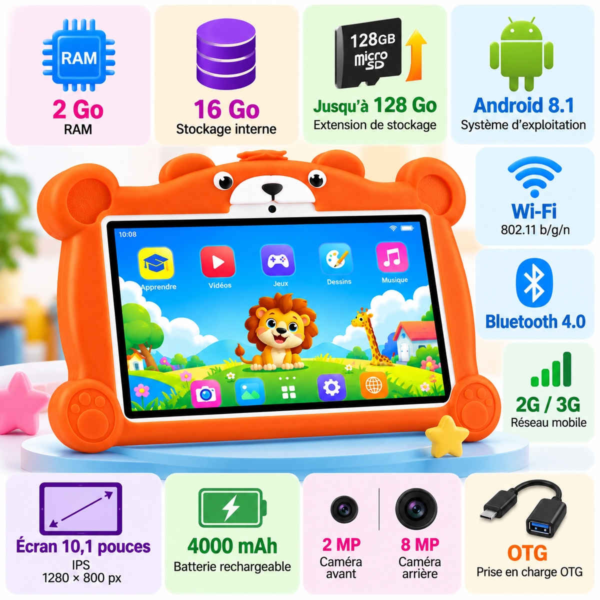 VIKUSHA Tablette Enfant  VK-17 10,1" Android avec Coque de Protection