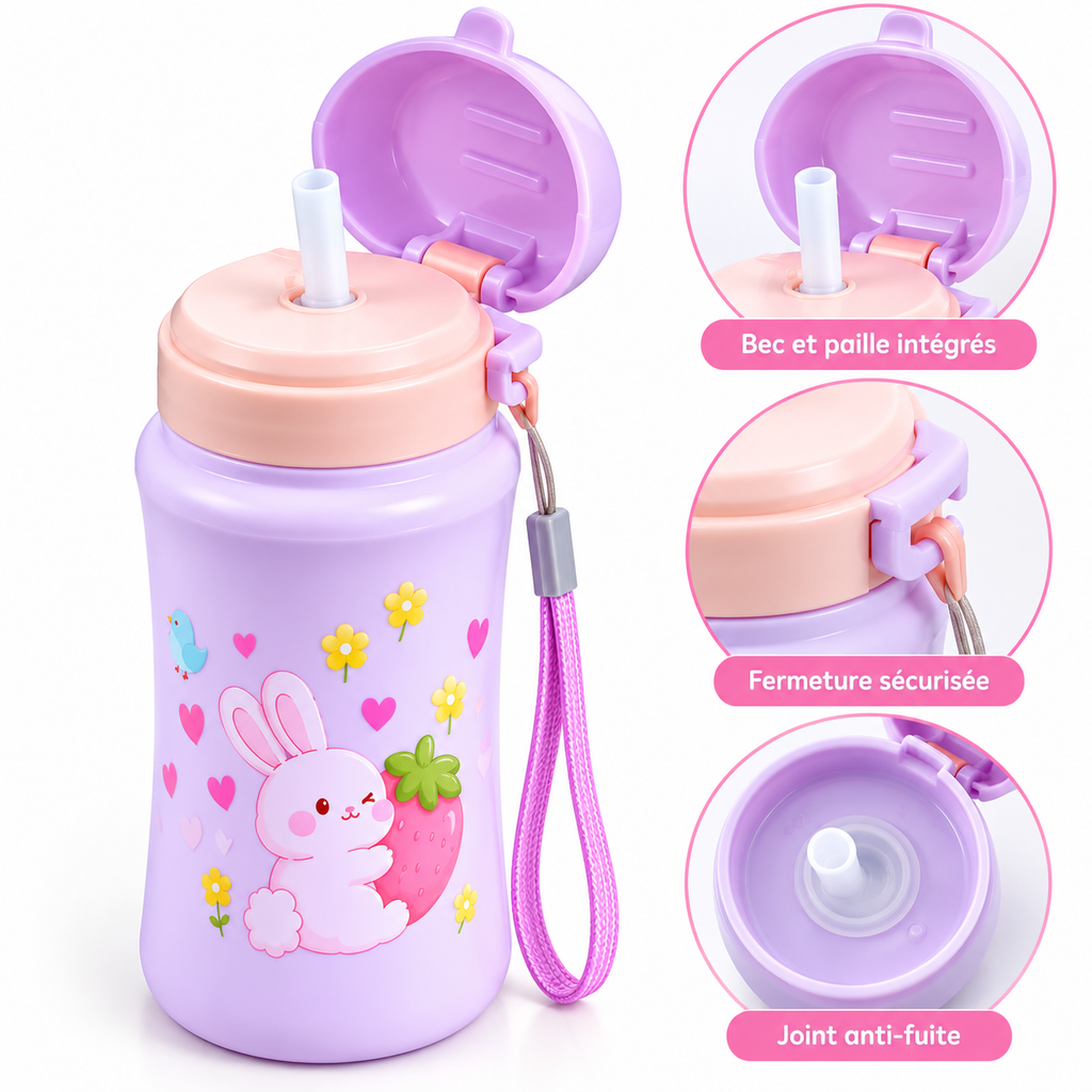 Set Lunch Box Compartimentée + Gourde 500 ml – Lapin Fraise Lilas