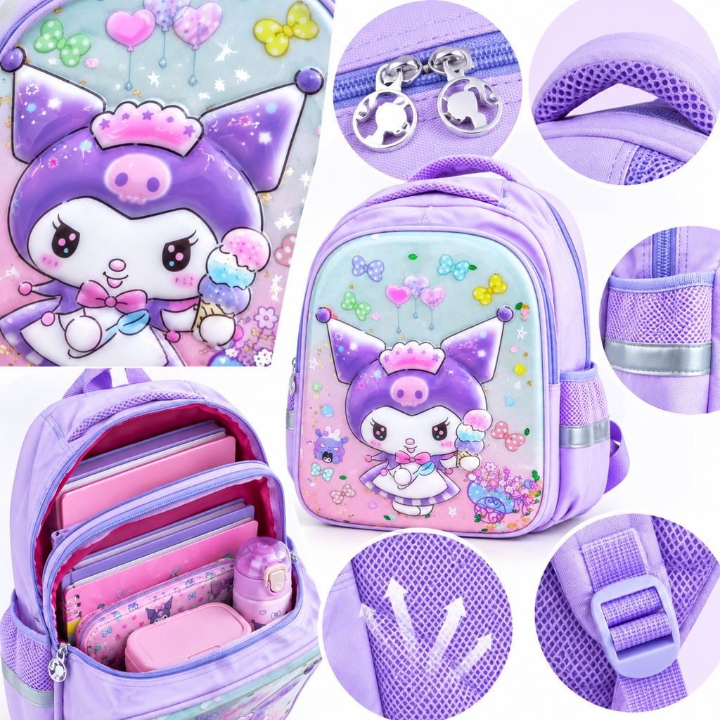 Sac à Dos Fille Kuromi Lilas 3D à Paillettes Mobiles - Classes de CE & CM – 38 × 30 × 17 cm