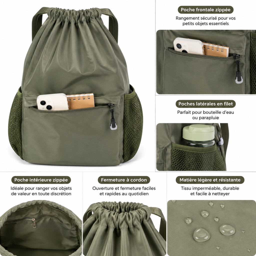 Sac à Dos à Cordon Vert Kaki - 40 cm – Léger, Spacieux et Polyvalent