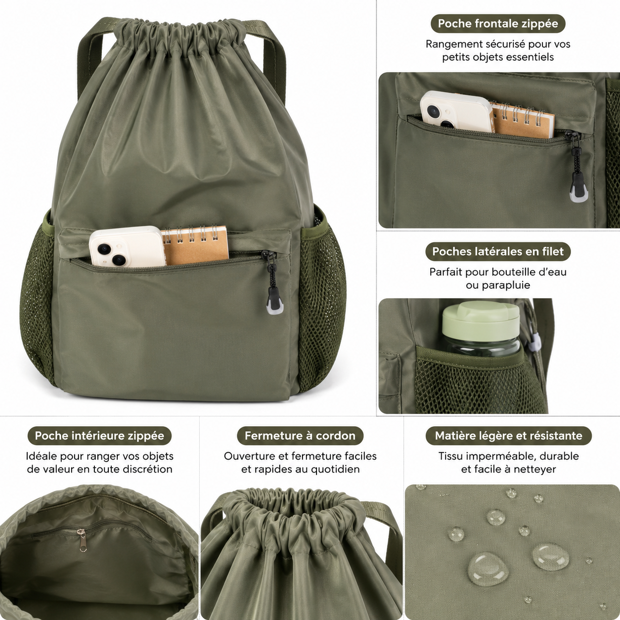 Sac à Dos à Cordon Vert Kaki - 40 cm – Léger, Spacieux et Polyvalent