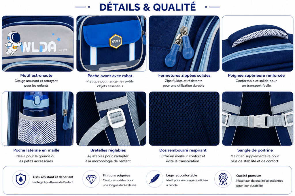 Sac à Dos Scolaire Enfant Astronaute WLDA – Grande Capacité pour Classes de CE et CM - 41 × 30 × 16 cm – Bleu