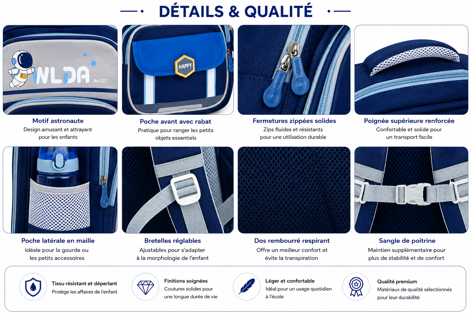 Sac à Dos Scolaire Enfant Astronaute WLDA – Grande Capacité pour Classes de CE et CM - 41 × 30 × 16 cm – Bleu