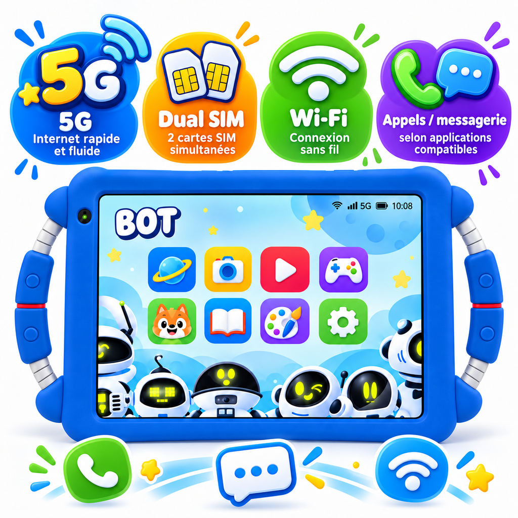 Tablette Enfant BéBé-TAB BOT 8" – Android – 8 Go + 256 Go – 5G Dual SIM