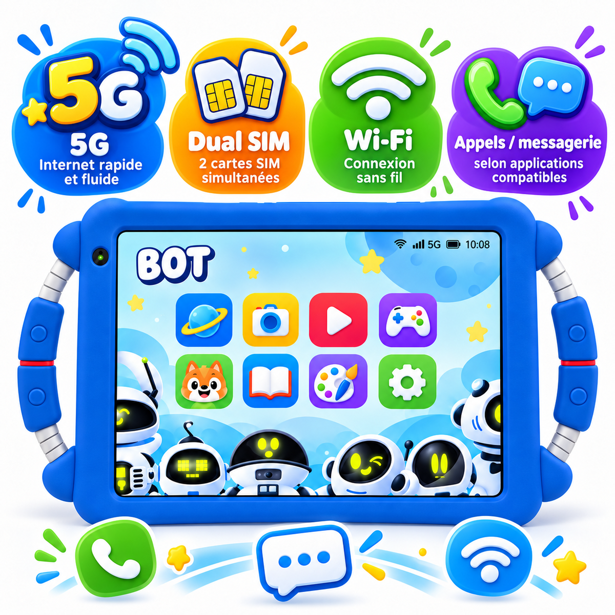 Tablette Enfant BéBé-TAB BOT 8" – Android – 8 Go + 256 Go – 5G Dual SIM