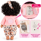 Poupée Bébé Fille Parlante 30 cm – Tenue Imprimée & Gilet Rose