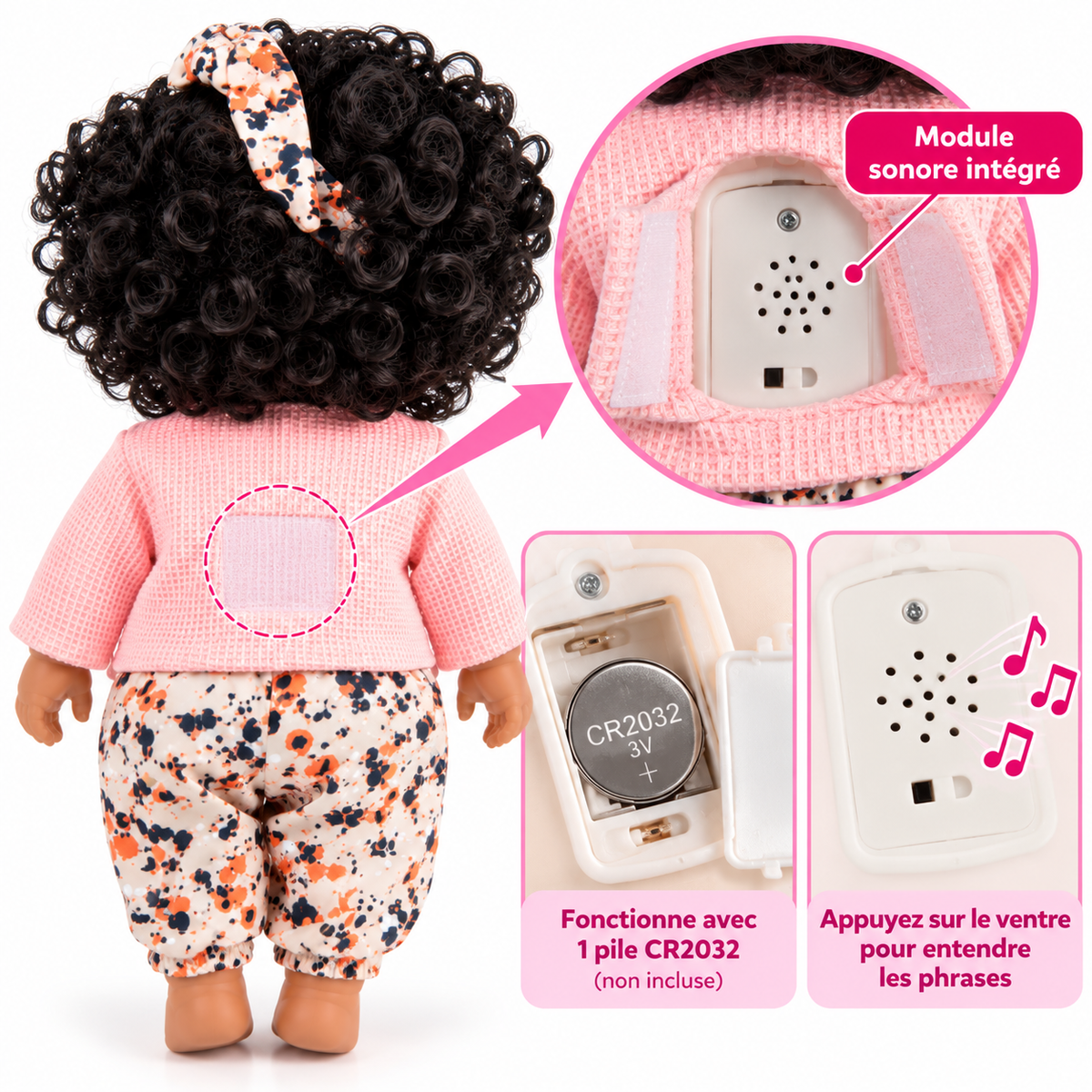 Poupée Bébé Fille Parlante 30 cm – Tenue Imprimée & Gilet Rose