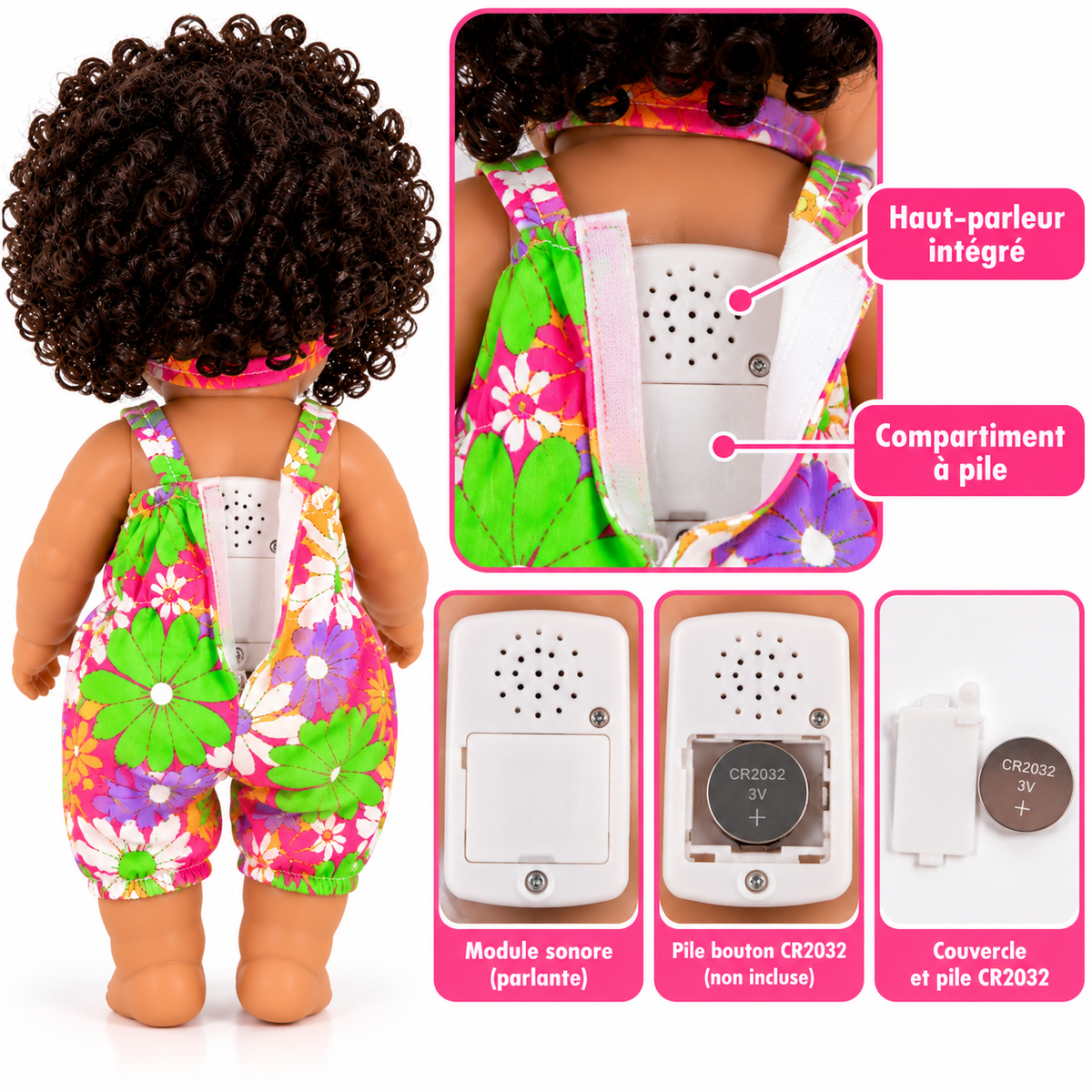 Poupée Bébé Fille Parlante 30 cm – Combinaison Fleurie Multicolore