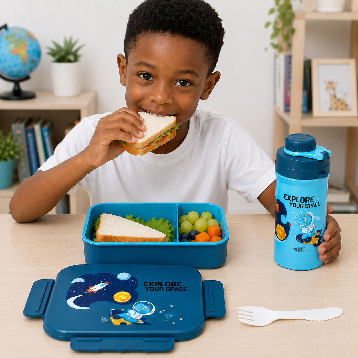 Set Lunch Box Compartimentée + Gourde Enfant Espace Bleu – 20 × 14 × 7 cm