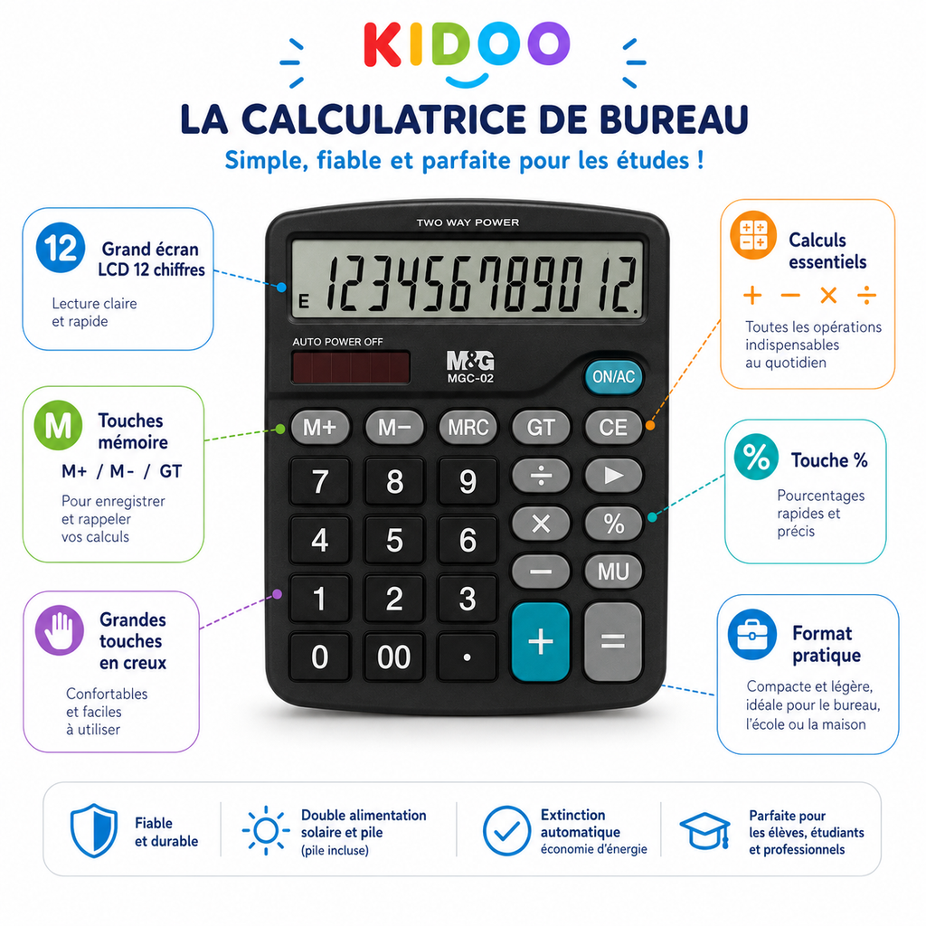 Calculatrice de bureau M&G MGC-614 – Grand écran 12 chiffres et double alimentation