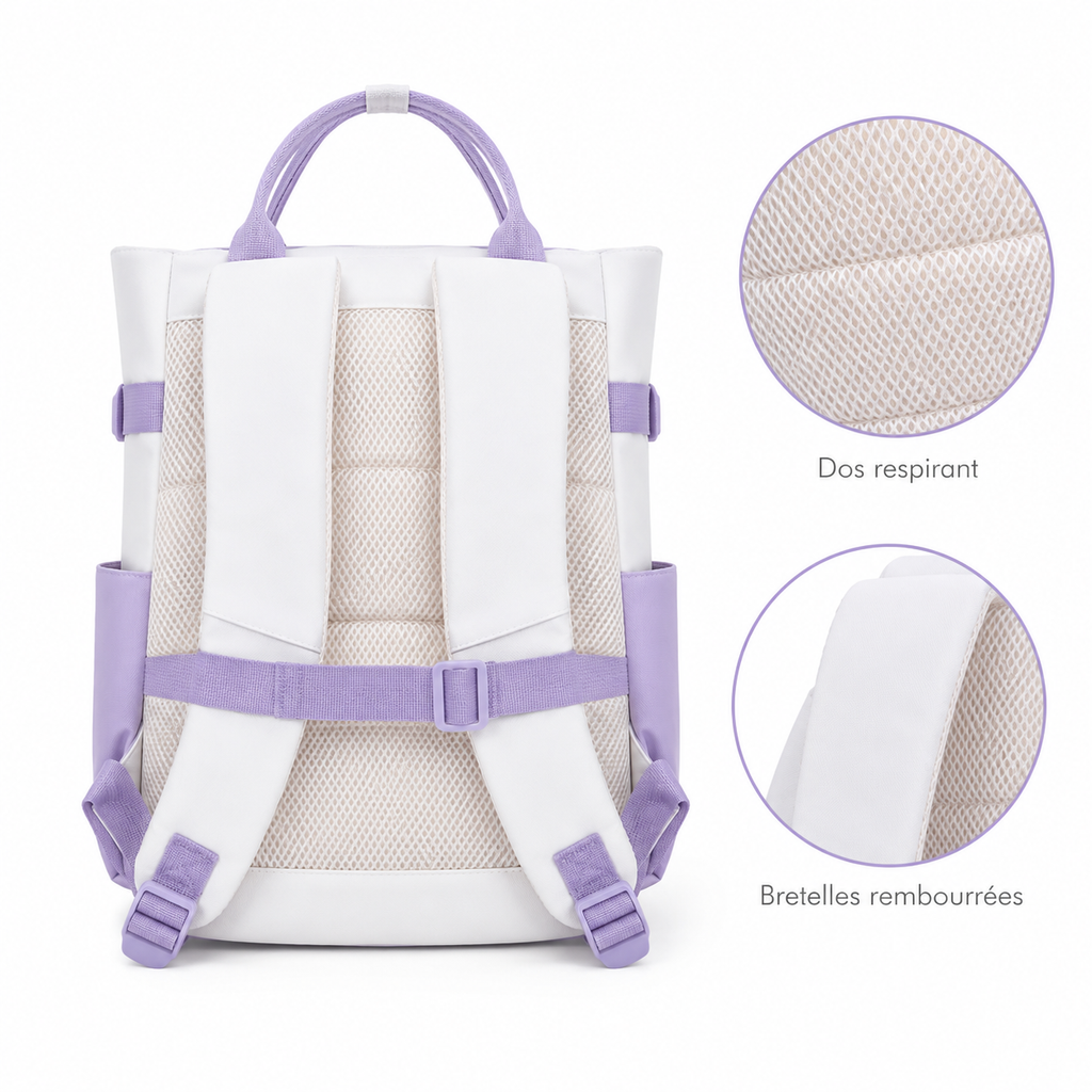 Sac à Dos Scolaire Fille Style Coréen en Toile - Mauve et Blanc – Collège et Lycée