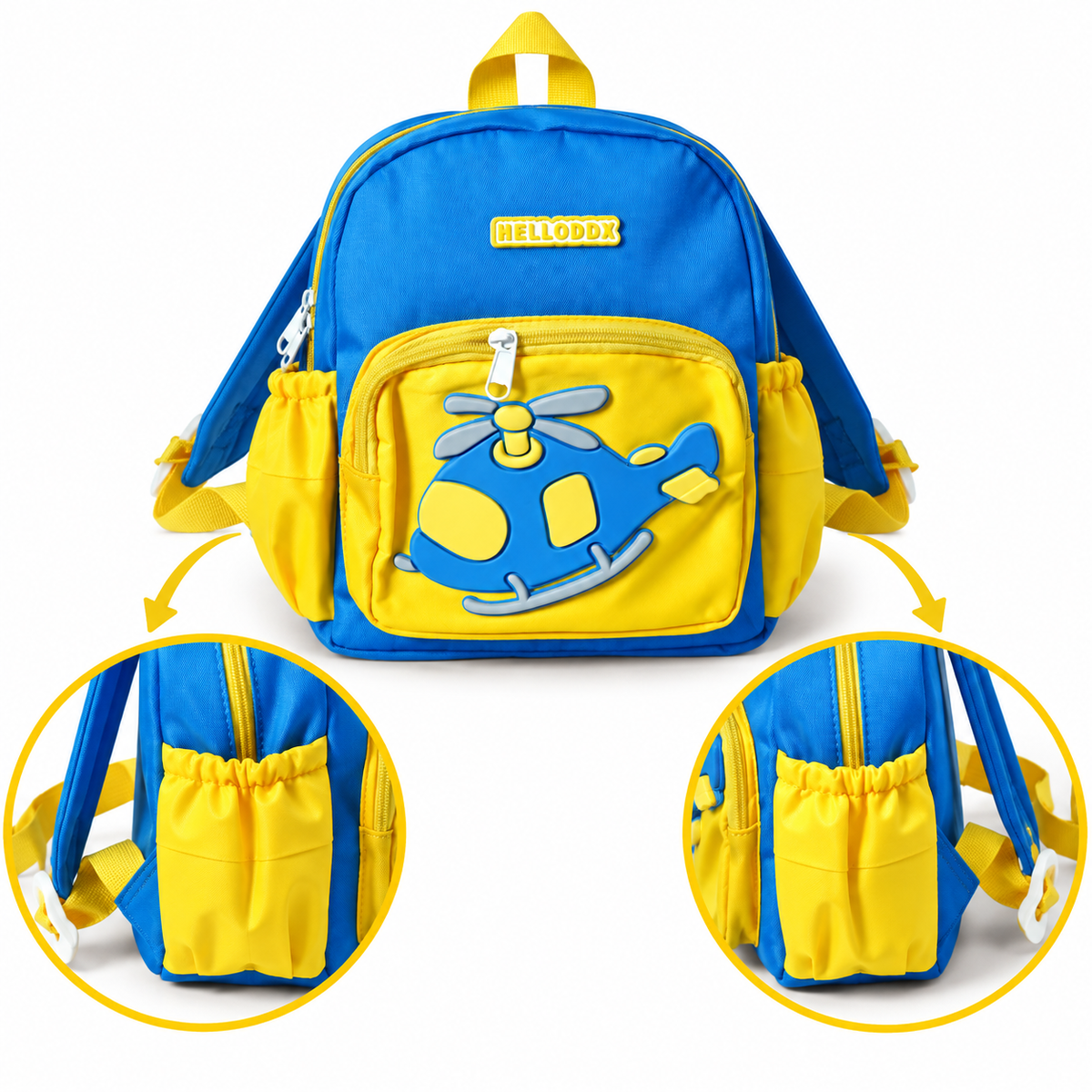 Sac à Dos Crèche & Maternelle Hélicoptère 3D Bleu Jaune – 25 × 23 × 12 cm