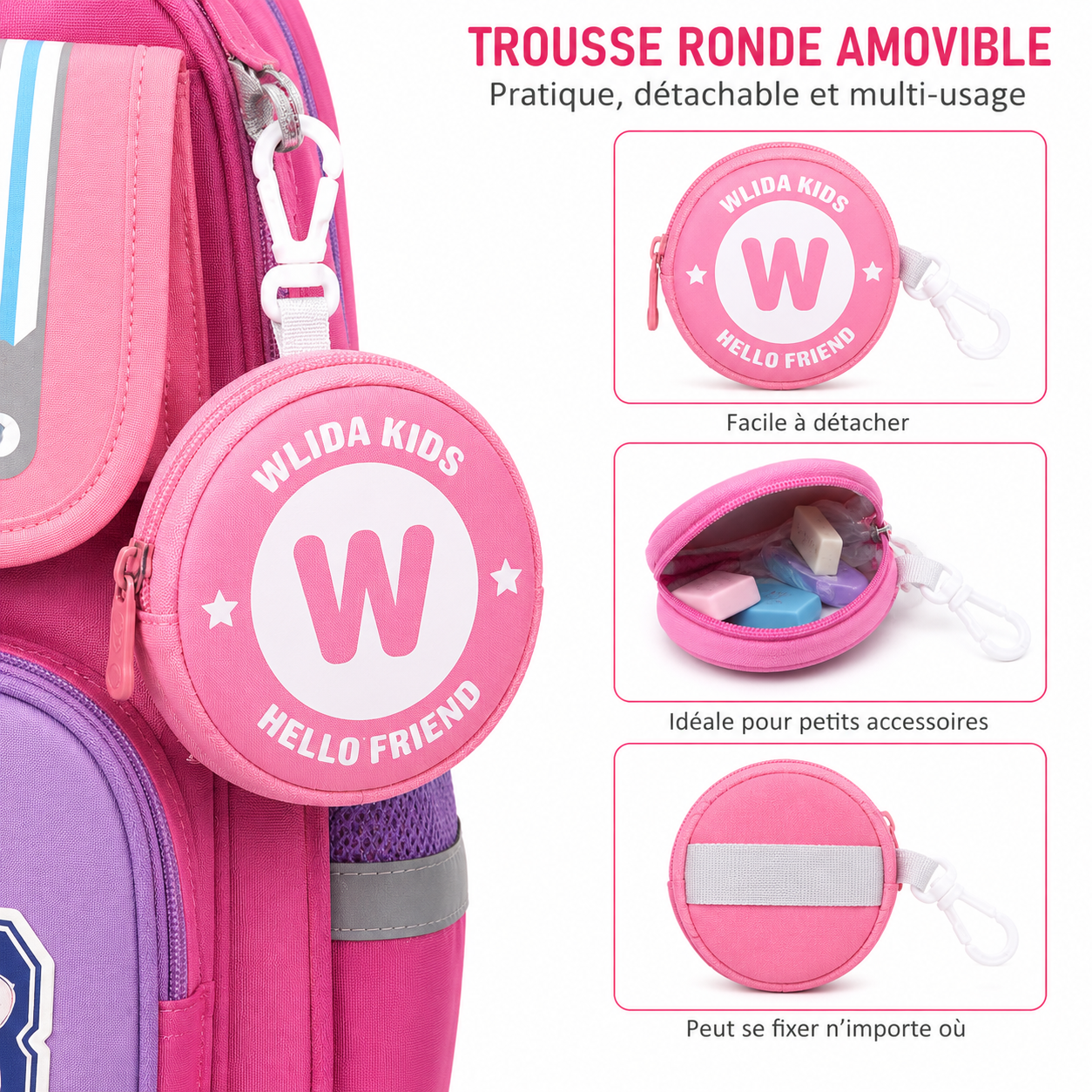 Sac à Dos Scolaire Enfant Wldkids Rose – Classes de CE & CM – Avec Trousse Ronde Amovible