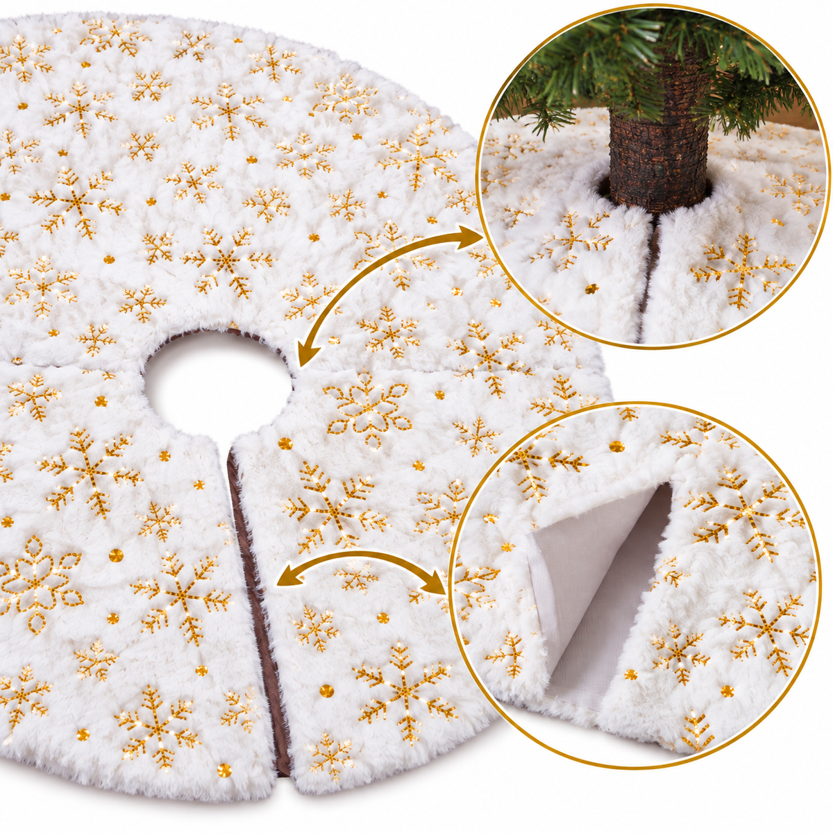 Jupe de Sapin de Noël Blanche 60 cm – Effet Fourrure & Flocons Dorés