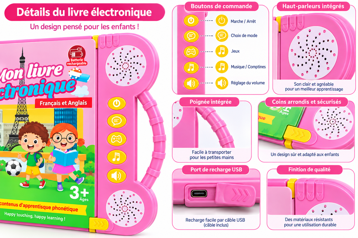 Livre Éducatif Électronique Bilingue Français–Anglais – 180+ Mots – Rose – Dès 3 Ans - Rechargeable