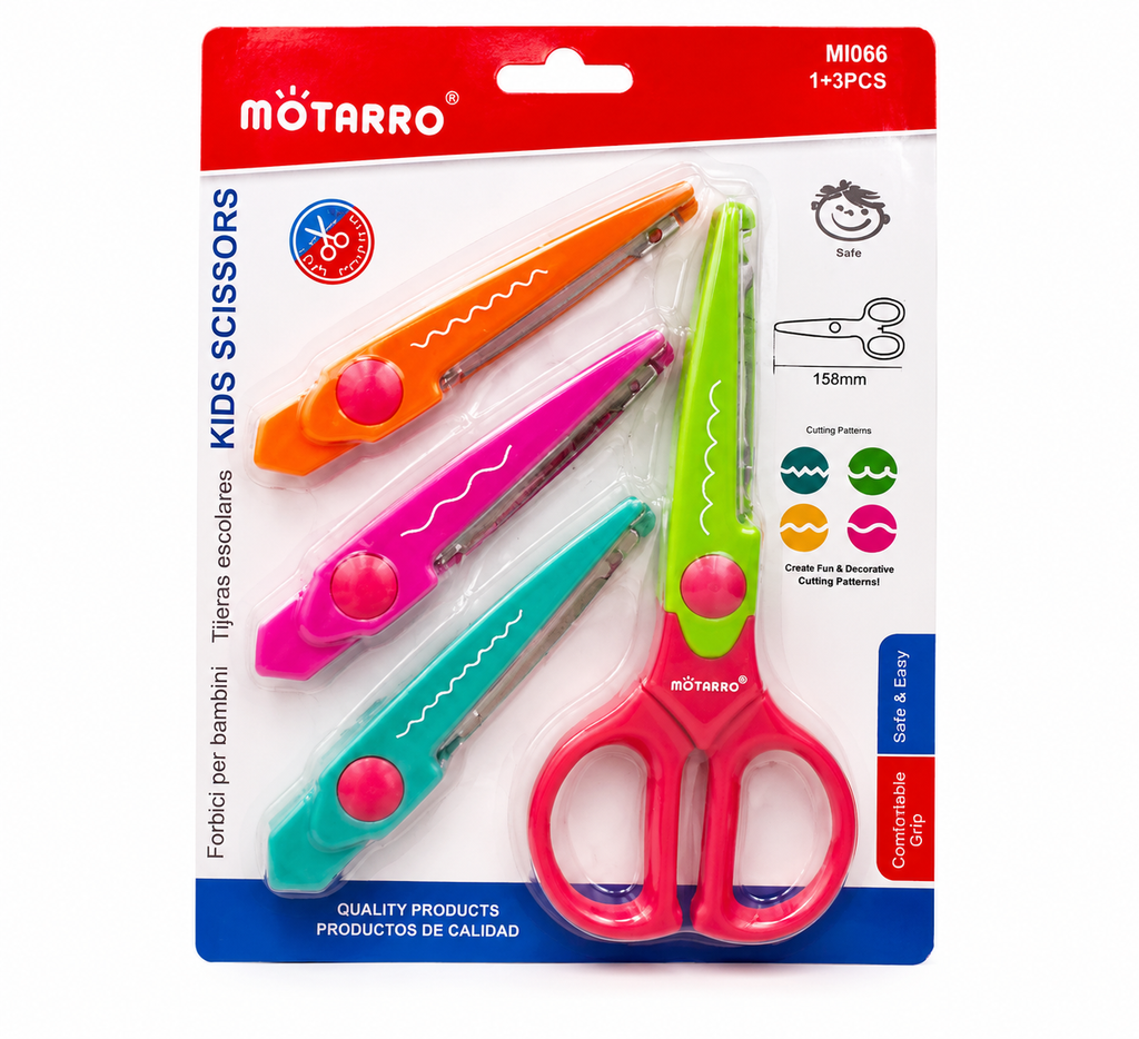 MOTARRO Ciseaux Créatifs Enfant  4 en 1 – Kit de Découpe Scolaire avec 3 Lames Fantaisie