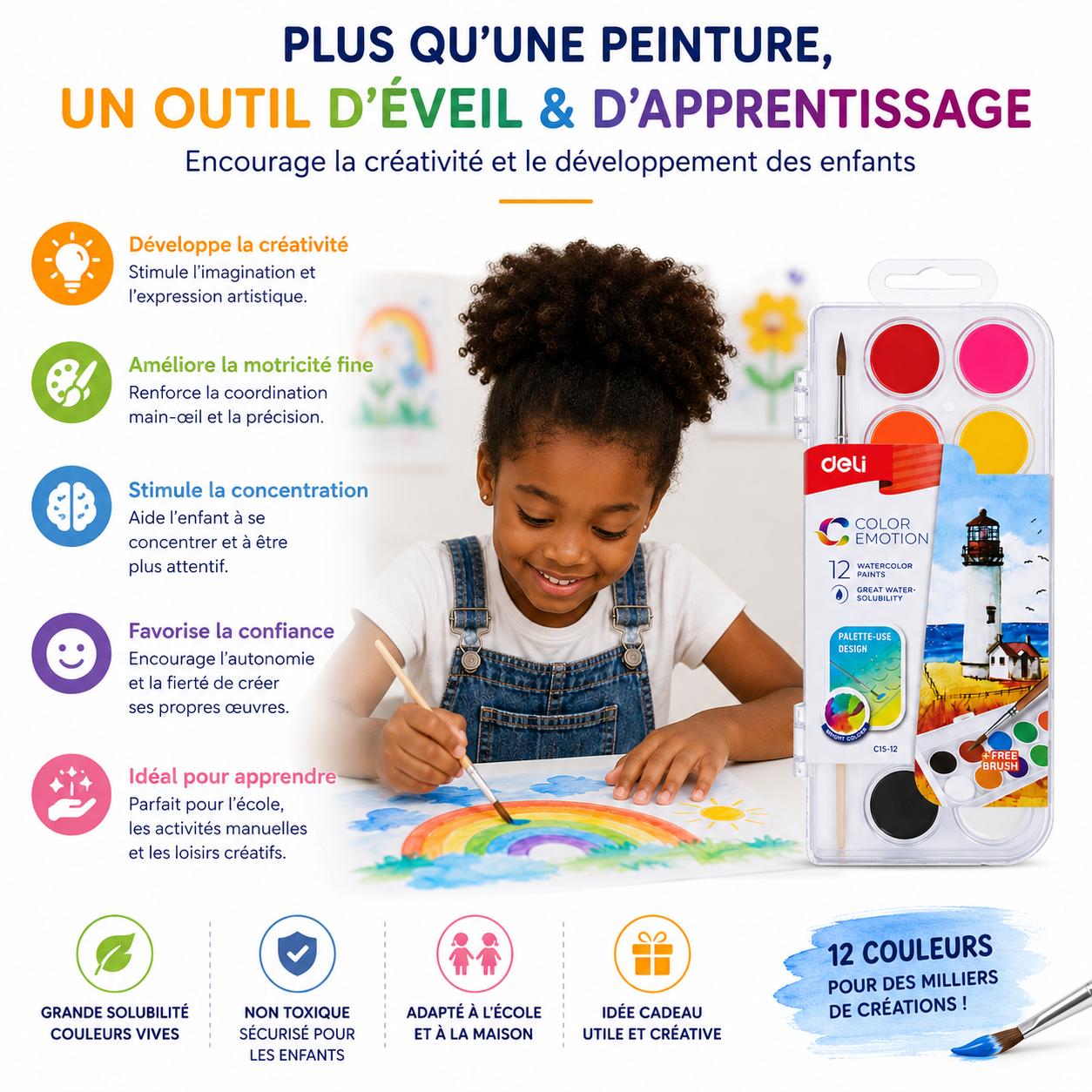 Deli Color Emotion Peinture Aquarelle  12 Couleurs avec Pinceau – Palette Créative Enfant