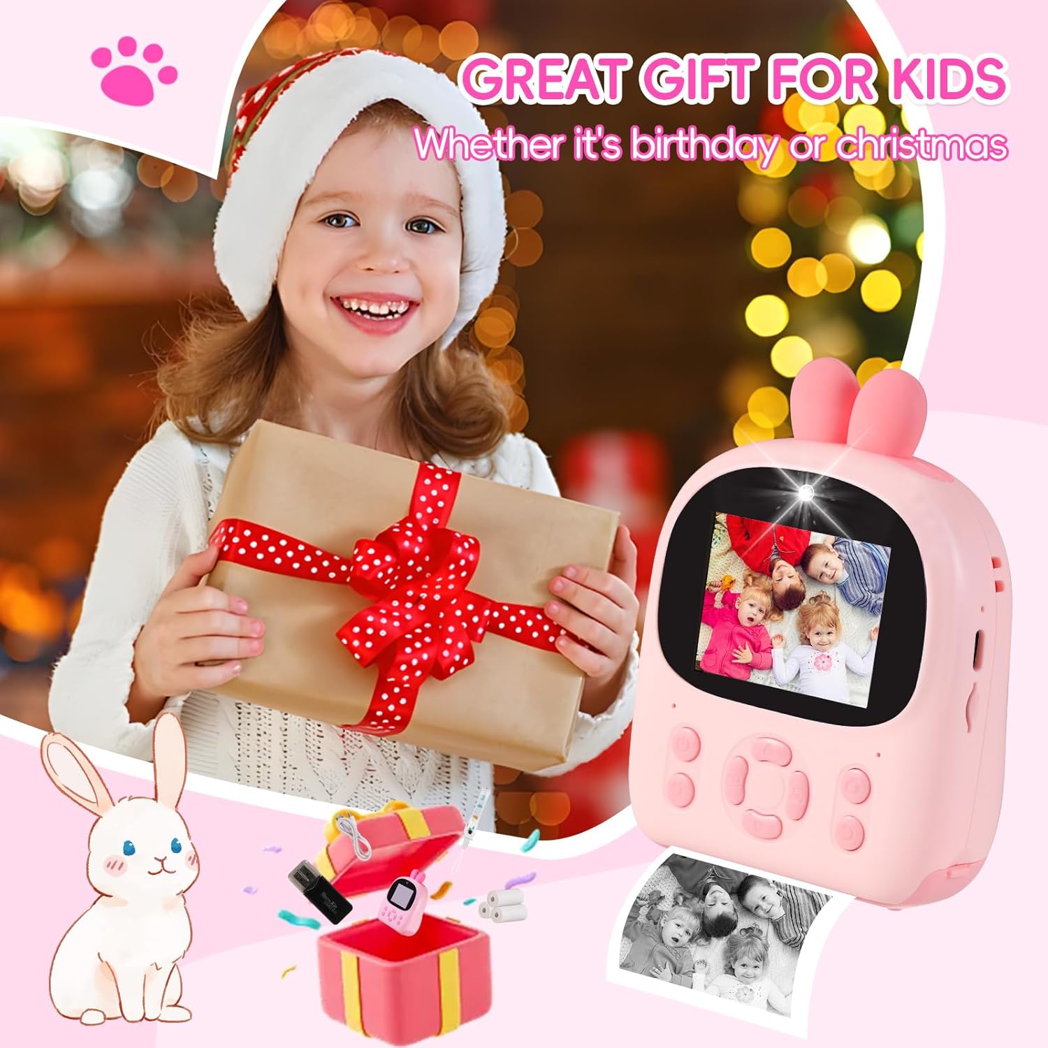 Appareil Photo Instantané Enfant avec Impression Thermique – Caméra HD 1080 P Double Objectif – Carte 32 GB Incluse - Rose