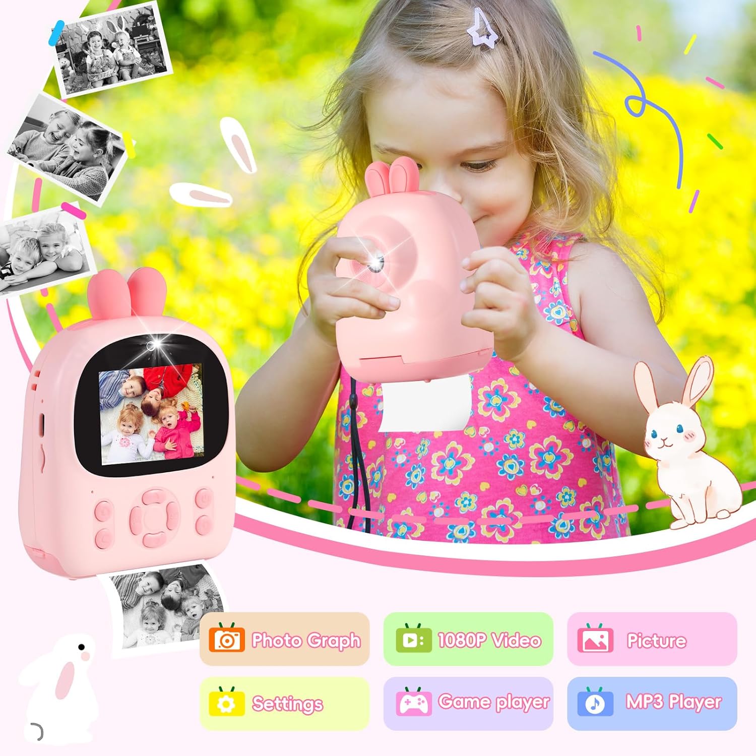 Appareil Photo Instantané Enfant avec Impression Thermique – Caméra HD 1080 P Double Objectif – Carte 32 GB Incluse - Rose