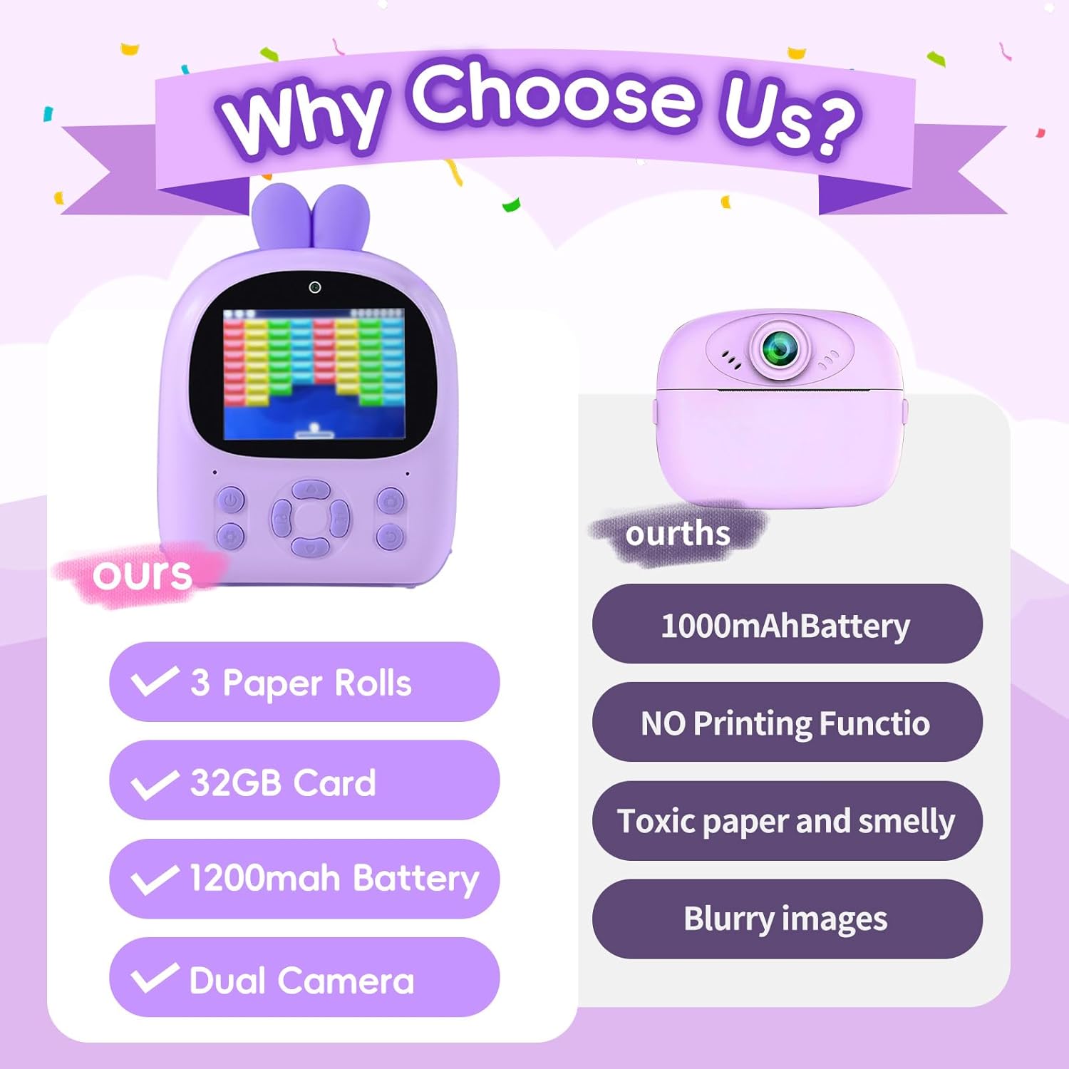 Appareil Photo Instantané Enfant avec Impression Thermique – Caméra HD 1080 P Double Objectif – Carte 32 GB Incluse